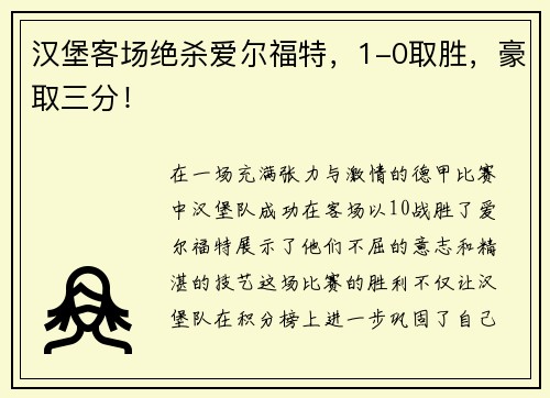 汉堡客场绝杀爱尔福特，1-0取胜，豪取三分！