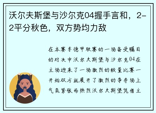 沃尔夫斯堡与沙尔克04握手言和，2-2平分秋色，双方势均力敌