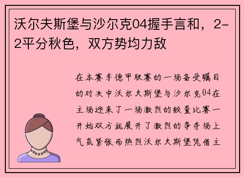 沃尔夫斯堡与沙尔克04握手言和，2-2平分秋色，双方势均力敌
